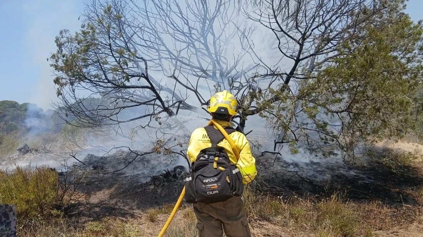 Imagen de archivo. Bombero forestal trabajando para extinguir el incendio en Doñana. Imagen de archivo. Bombero forestal trabajando para extinguir el incendio en Doñana.
