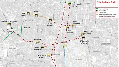 Cortes en la zona de la plaza de Cibeles para el 7 de junio de 2026. Cortes en la zona de la plaza de Cibeles para el 7 de junio de 2026.