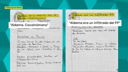 La libreta azul de Leire D&iacute;ez y sus cloacas recoge una anotaci&oacute;n de "cocain&oacute;mano" junto al nombre de Aldama