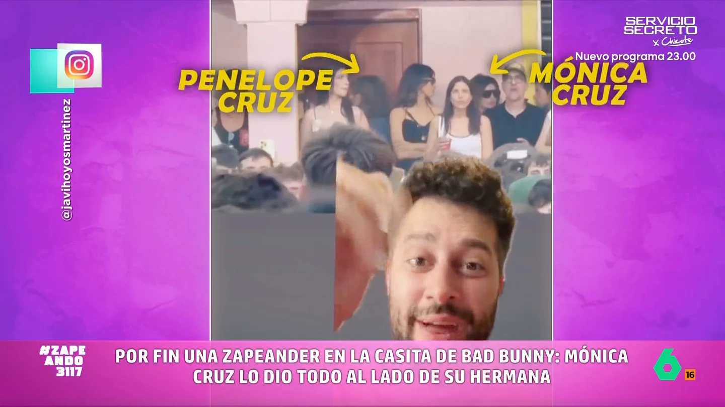 Zapeando 'llega' hasta la casita de Bad Bunny gracias a Mónica Cruz: "Con que vaya uno de la mesa ya nos vale" La zapeadora ha asistido a uno de los conciertos del artista de Puerto Rico en Madrid y, además, ha disfrutado del mismo desde la ya célebre casita. Mónica, además, estaba acompañada por, entre otros, su hermana Penélope.