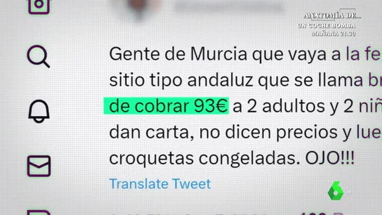 La sorpresa de una familia al tener que pagar 93 euros de cuenta en una feria de Murcia: "Pagamos 18 euros por unas croquetas congeladas" La sorpresa de una familia al tener que pagar 93 euros de cuenta en una feria de Murcia: "Pagamos 18 euros por unas croquetas congeladas"