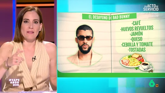 Boticaria García sentencia el desayuno de Bad Bunny: "Este muchacho sabe hacerlo todo muy bien" El cantante de Puerto Rico desayuna café, huevos revueltos, jamón, queso, tomate y cebolla, y tostadas. Para la farmacéutica, es un desayuno muy completo y adecuado.