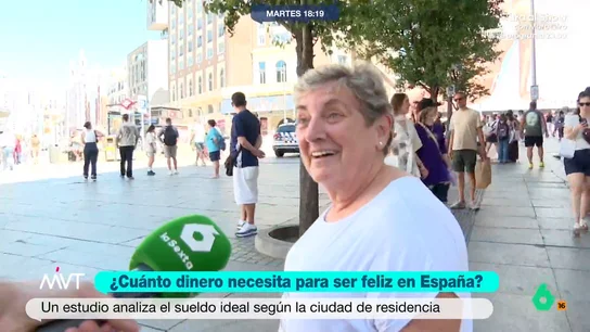 La reacción de una mujer al saber que el umbral de la felicidad en España está en 77.000 euros al año Más Vale Tarde sale a la calle y pregunta a los españoles cuánto dinero creen que hay que ganar para ser feliz, después de que un estudio de la Universidad de Purdue lo haya situado en 77.000 euros al año.
