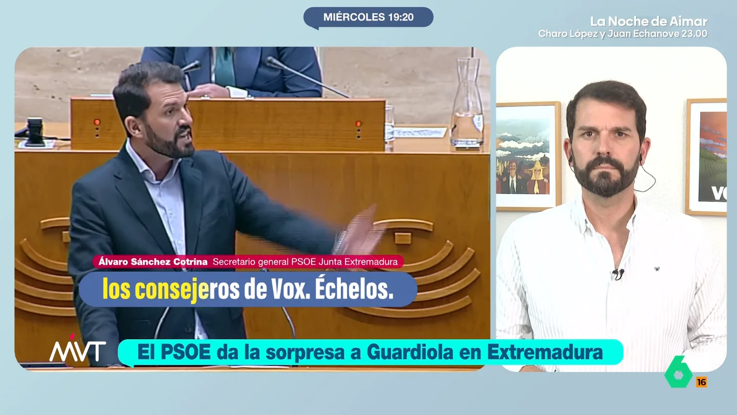 Cotrina explica el ofrecimiento del PSOE extremeño a Guardiola Álvaro Sánchez Cotrina, secretario general del PSOE en Extremadura, analiza en Más Vale Tarde su ofrecimiento a Guardiola de apoyar sus presupuestos a cambio de echar a Vox del Gobierno. Sin embargo, evita posicionarse en si esta estrategia se podría extrapolar a nivel nacional.