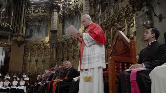 El papa Le&oacute;n XIV, durante su discurso en la abad&iacute;a de Montserrat