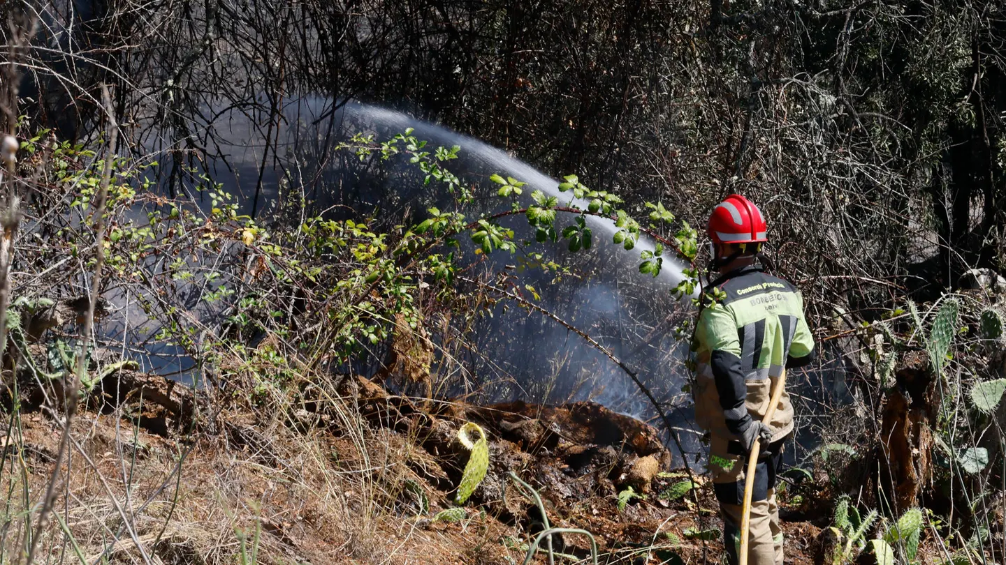 Imagen de archivo. Un bombero refresca una zona calcinada en la localidad de Gibraleón. Imagen de archivo. Un bombero refresca una zona calcinada en la localidad de Gibraleón.