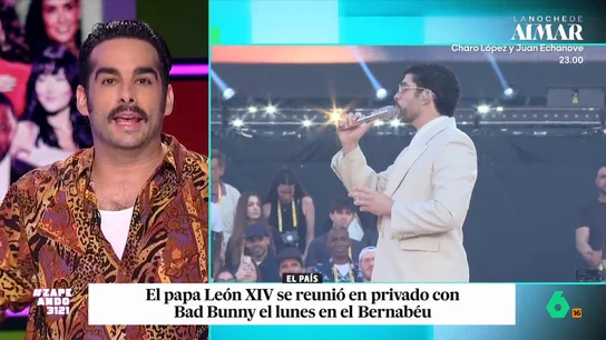 Juan Sanguino, sobre la reunión entre Bad Bunny y León XIV: "Al papa le vendría genial tener una foto con él" El cantante y el sumo pontífice tuvieron un encuentro privado en el Santiago Bernabéu. Como cuenta el periodista, este se produjo porque el equipo del artista contactó con la Conferencia Episcopal.
