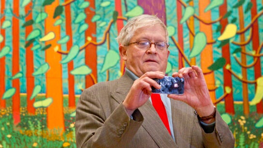 El artista brit&aacute;nico David Hockney, frente a una de sus pinturas del paisaje de East Yorkshire en la Royal Academy of Arts en Piccadilly, Londres