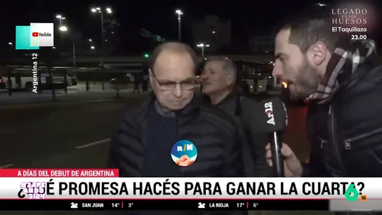 La contundente promesa que hace un hombre para que Argentina gane el Mundial: "Que se vaya el presidente hijo de pu**..." Un reportero de un canal argentino pregunta a la gente qué estarían dispuestos a prometer para conseguir que su selección gane el Mundial de Fútbol.