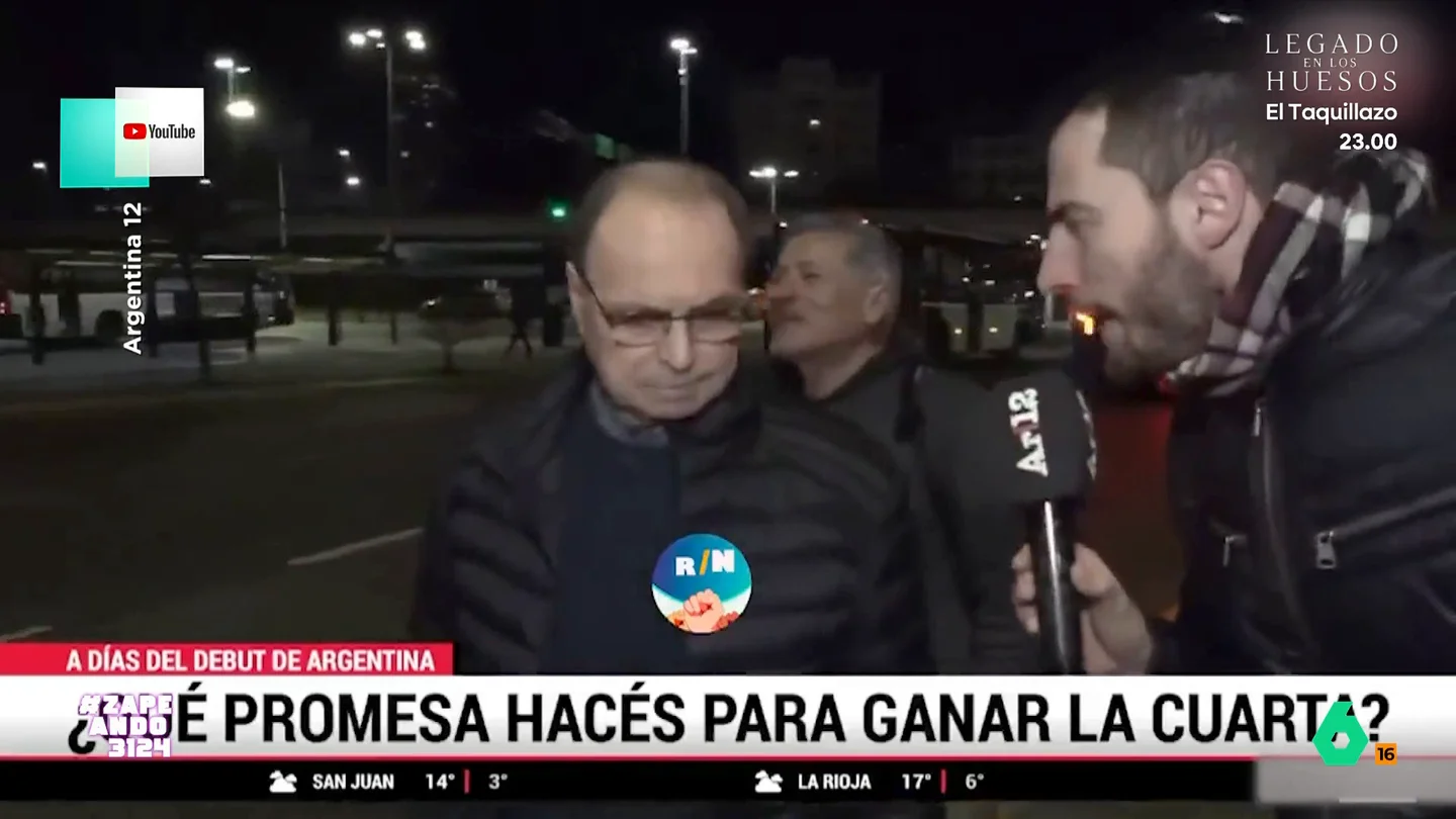 La contundente promesa que hace un hombre para que Argentina gane el Mundial: "Que se vaya el presidente hijo de pu**..." Un reportero de un canal argentino pregunta a la gente qué estarían dispuestos a prometer para conseguir que su selección gane el Mundial de Fútbol.