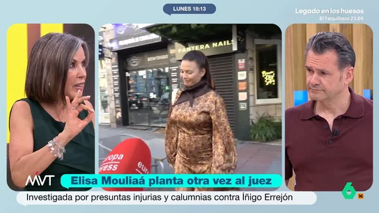 Bea de Vicente estalla ante el último plantón de Elisa Mouliáa al juez de la denuncia de Errejón por injurias "Espero que Elisa no llegue a ese punto y que arregle esto de otra manera, que no fuerces a que un juez tenga que ordenar tu detención porque lo único que quiere es que te pongas delante de él", comenta Bea de Vicente en Más Vale Tarde.