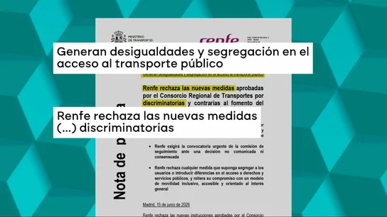 Renfe rechaza las "medidas discriminatorias" de Ayuso en el bono de transporte público: "Generan desigualdades y segregación" Renfe rechaza las "medidas discriminatorias" de Ayuso en el bono de transporte público: "Generan desigualdades y segregación"