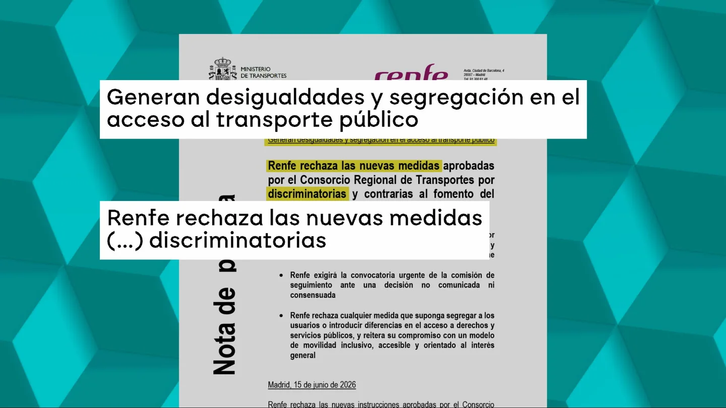Renfe rechaza las "medidas discriminatorias" de Ayuso en el bono de transporte público: "Generan desigualdades y segregación" Renfe rechaza las "medidas discriminatorias" de Ayuso en el bono de transporte público: "Generan desigualdades y segregación"