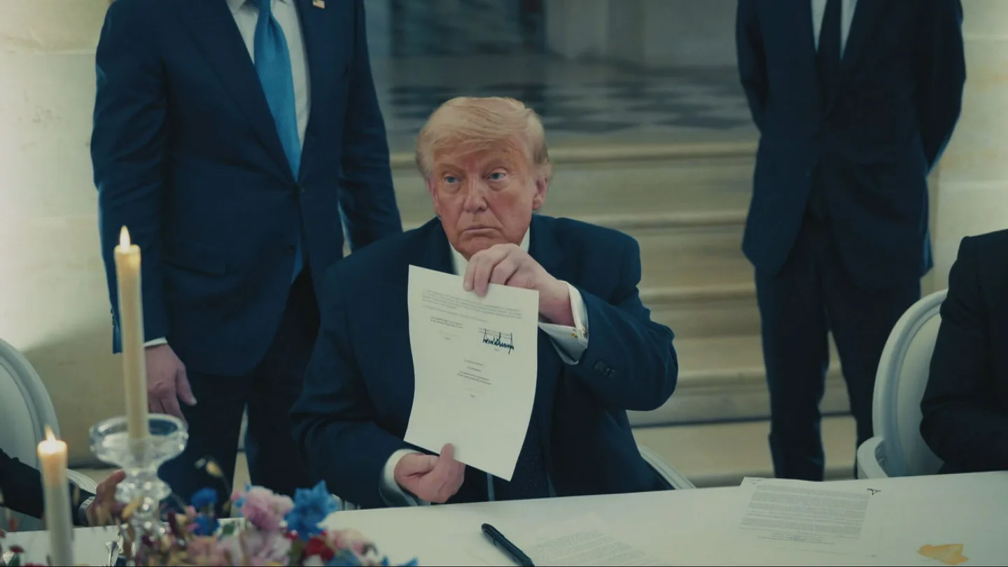 Donald Trump muestra el acuerdo con Irán tras firmarlo en Versalles Donald Trump muestra el acuerdo con Irán tras firmarlo en Versalles
