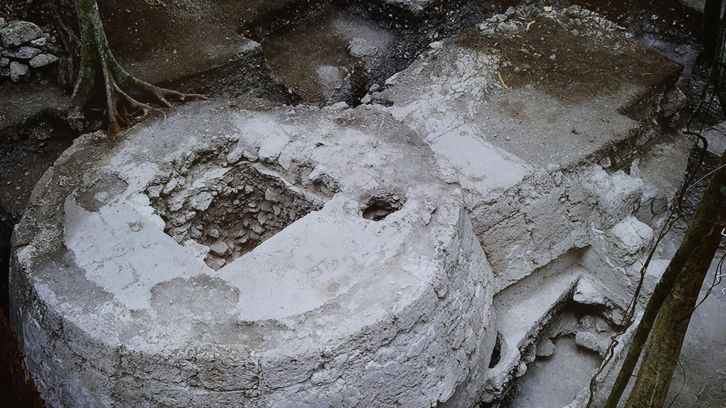 Fotograf&iacute;a que muestra una imagen del hallazgo de una singular estructura ritual maya, en el sitio prehisp&aacute;nico El Tigre