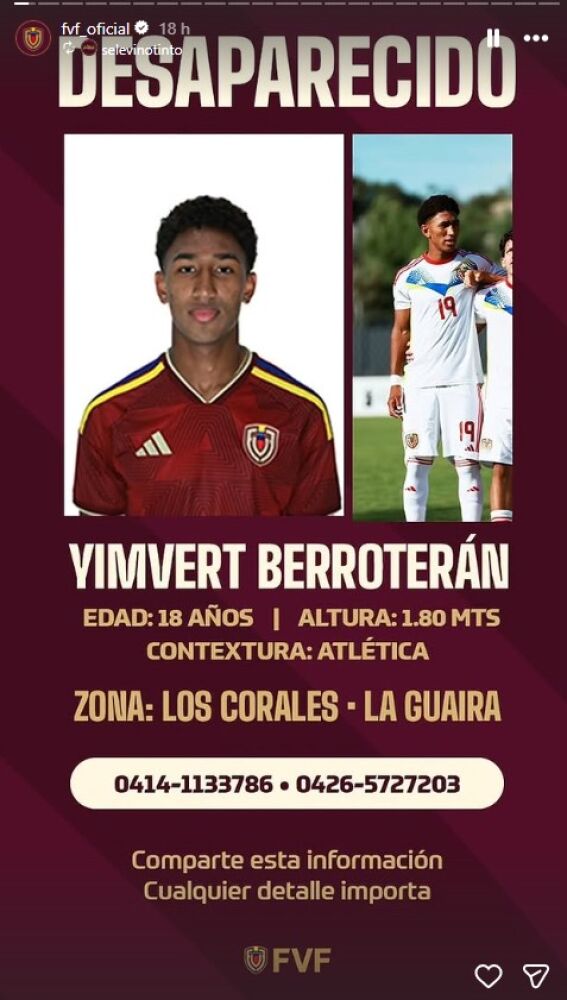 Cartel de la Federación Venezolana de Fútbol para localizar a Yimvert Berroterán