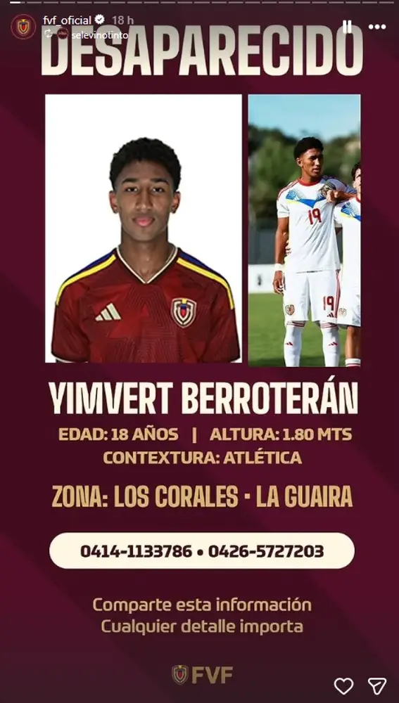 Cartel de la Federación Venezolana de Fútbol para localizar a Yimvert Berroterán Cartel de la Federación Venezolana de Fútbol para localizar a Yimvert Berroterán