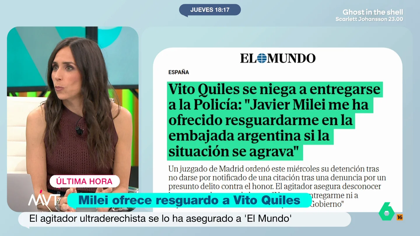 Pilar Velasco, tras asegurar Vito Quiles que Milei le ofrece refugiarse en la embajada argentina Vito Quiles, que sigue en busca y captura tras no presentarse a dos citaciones judiciales, asegura que Milei le ofrece refugio en su embajada si la situación se agrava. Pilar Velasco considera "un delirio el consejo del abogado".