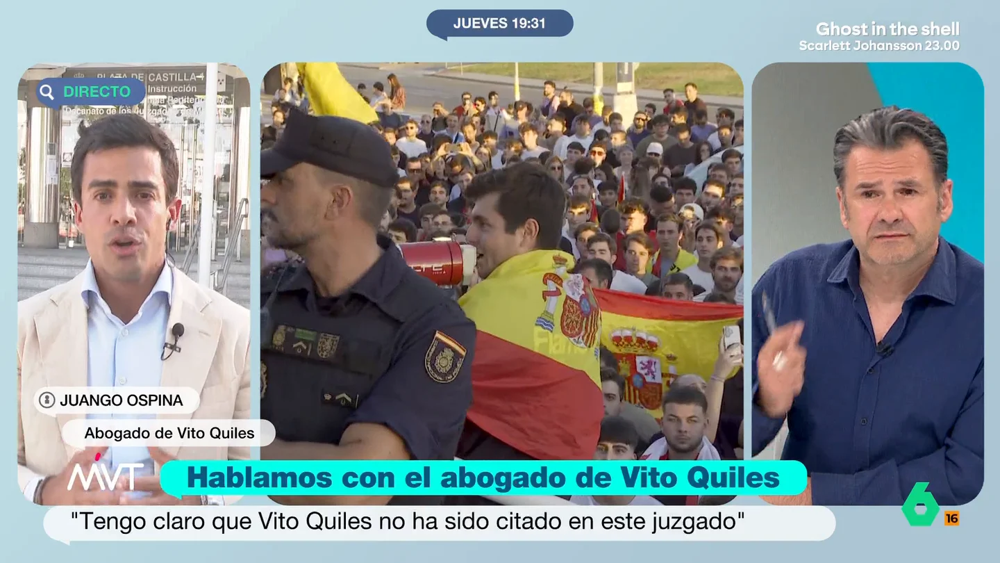 El abogado de Vito Quiles desvela que su cliente no se entrega porque "quieren que se vaya detenido" y confirma el ofrecimiento de Milei al agitador Juango Ospina, abogado de Vito Quiles, confirma en Más Vale Tarde el ofrecimiento de Milei al agitador y denuncia que cuando se ha presentado esta mañana en el juzgado le habrían dicho "que si viene se va a ir detenido".
