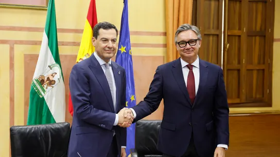 El candidato a la investidura y líder de los populares andaluces, Juanma Moreno, y el líder de Vox en la comunidad, Manuel Gavira, durante la firma del "acuerdo de gobierno y estabilidad" El candidato a la investidura y líder de los populares andaluces, Juanma Moreno, y el líder de Vox en la comunidad, Manuel Gavira, durante la firma del "acuerdo de gobierno y estabilidad"