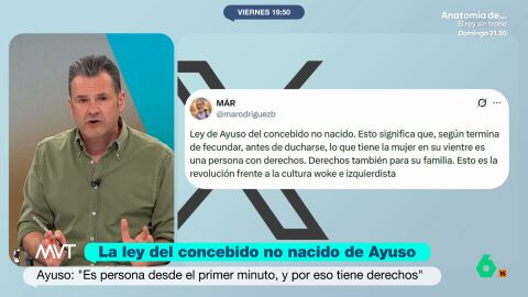 I&ntilde;aki L&oacute;pez reacciona al tuit de Miguel &Aacute;ngel Rodr&iacute;guez en el que asegura que con la ley del concebido no nacido de Ayuso ""seg&uacute;n termina de fecundar, antes de ducharse, lo que tiene la mujer en el vientre es una persona con derechos".