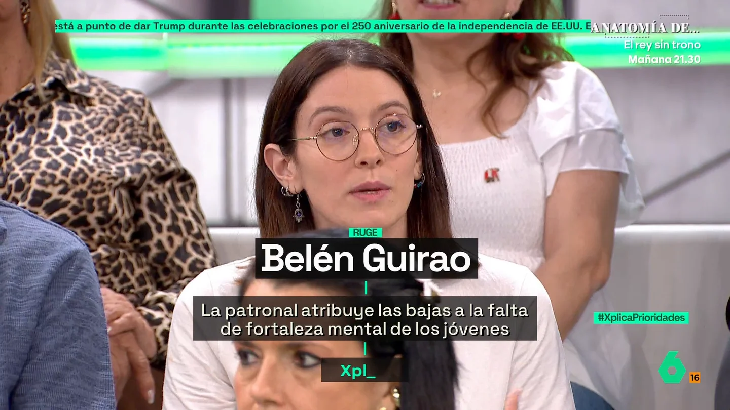 Belén Guirao (UGT) responde a los empresarios que se quejan de las bajas laborales: "Vosotros perderéis dinero, pero los trabajadores perdemos la salud" Belén Guirao (UGT) responde a los empresarios que se quejan de las bajas laborales: "Vosotros perderéis dinero, pero los trabajadores perdemos la salud"