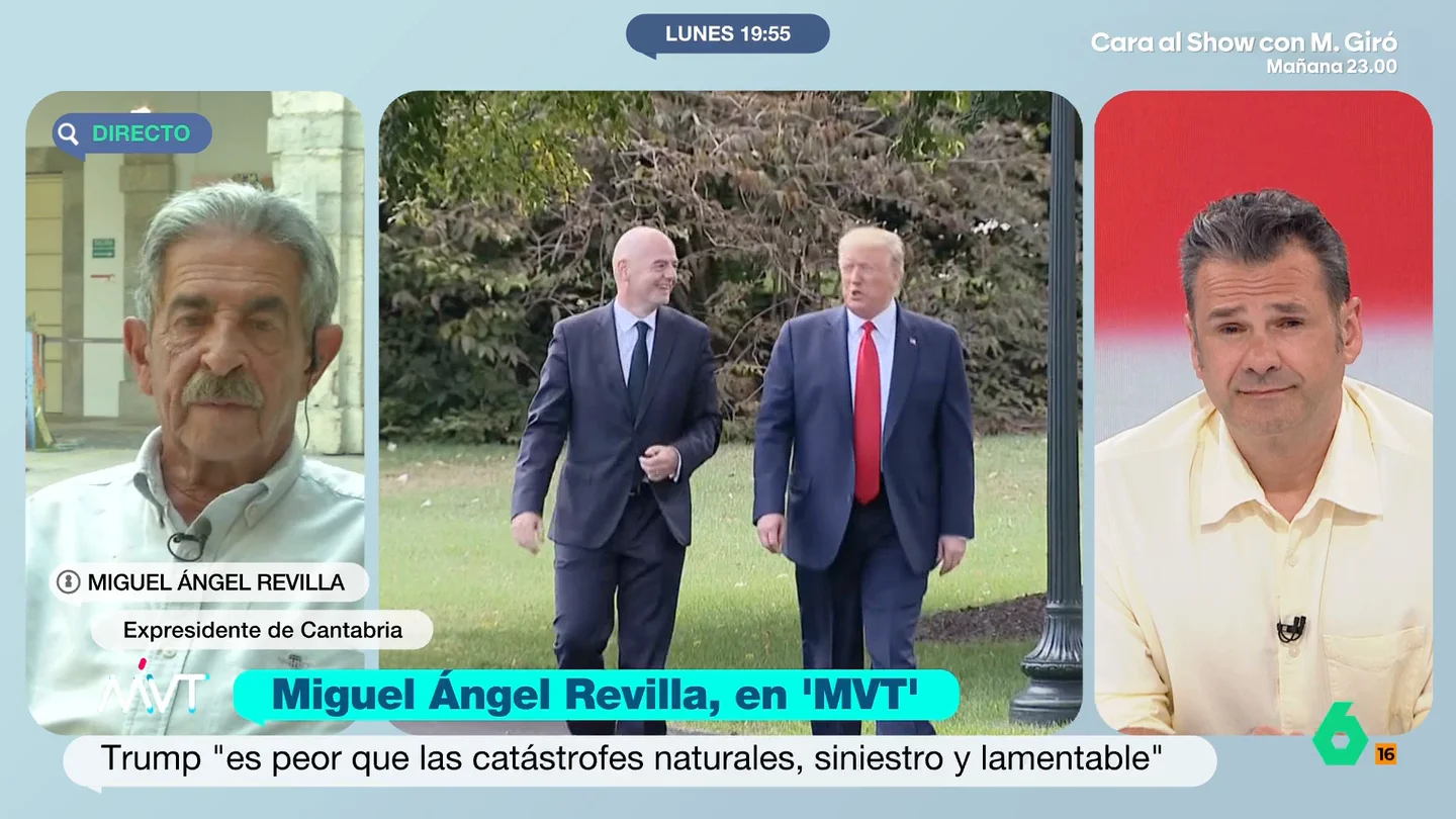 Miguel Ángel Revilla, tras la petición de Trump a Infantino: "Se carga otro estamento más de la vida que es el fútbol" El expresidente de Cantabria se ha pronunciado en Más Vale Tarde sobre la última polémica protagonizada por el presidente de EEUU. Este ha aceptado que ha hablado con el presidente de la FIFA para que revisara la tarjeta roja a un jugador de su equipo.