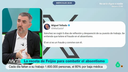 Ignacio Escolar responde a Feijoo: "Si le preocupan las bajas, que se preocupe por la lista de espera en las autonomías donde gobierna el PP" Ignacio Escolar agradece en Más Vale Tarde la sinceridad de Feijóo al mezclar las bajas laborales con el absentismo y tratarlas de "cáncer": "Está bien que cuente lo que piensa y lo que pretende hacer antes de las elecciones".