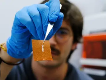 El investigador Yigit Sozen sostiene un chip en un trozo de piel El investigador Yigit Sozen sostiene un chip en un trozo de piel