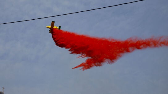 Un avi&oacute;n arroja retardante de fuego sobre los incendios forestales que afectan a la provincia de Almer&iacute;a, en Los Gallardos.