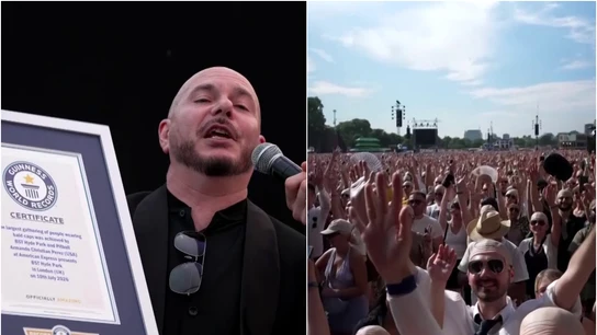 Pitbull, con su Guinness por la mayor concentración de falsos calvos de la historia Pitbull, con su Guinness por la mayor concentración de falsos calvos de la historia