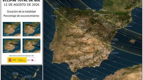 Mapa Península Ibérica e impacto del eclipse total solar del 12 de agosto