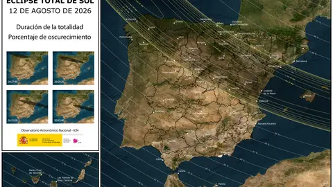 Imagen cedida por: Instituto Geográfico Nacional Mapa Península Ibérica e impacto del eclipse total solar del 12 de agosto