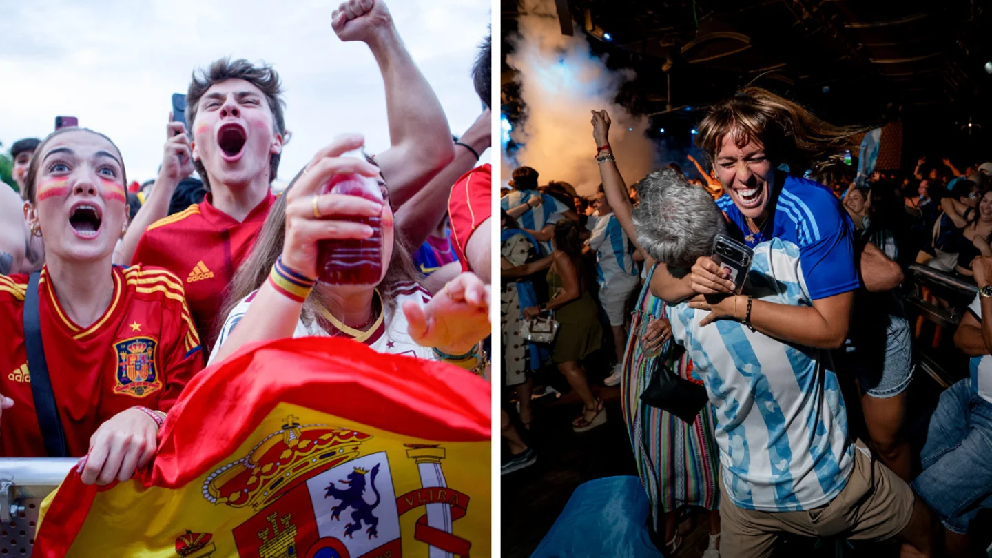 Aficionados celebrando las victorias de España y Argentina en el Mundial de 2026 Aficionados celebrando las victorias de España y Argentina en el Mundial de 2026