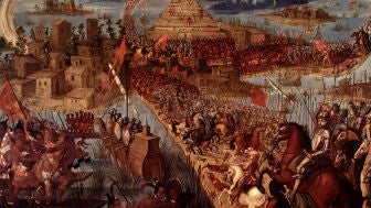 "Conquista de M&eacute;xico por Cort&eacute;s". El sitio de Tenochtitlan por el conquistador espa&ntilde;ol Hern&aacute;n Cort&eacute;s, durante la Conquista de M&eacute;xico.