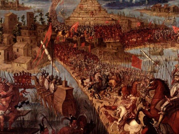 "Conquista de M&eacute;xico por Cort&eacute;s". El sitio de Tenochtitlan por el conquistador espa&ntilde;ol Hern&aacute;n Cort&eacute;s, durante la Conquista de M&eacute;xico.