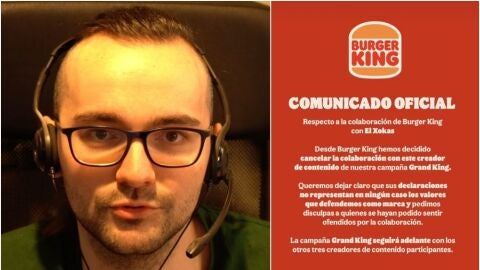El Xokas, a la izquierda; el comunicado de Burger King, a la derecha