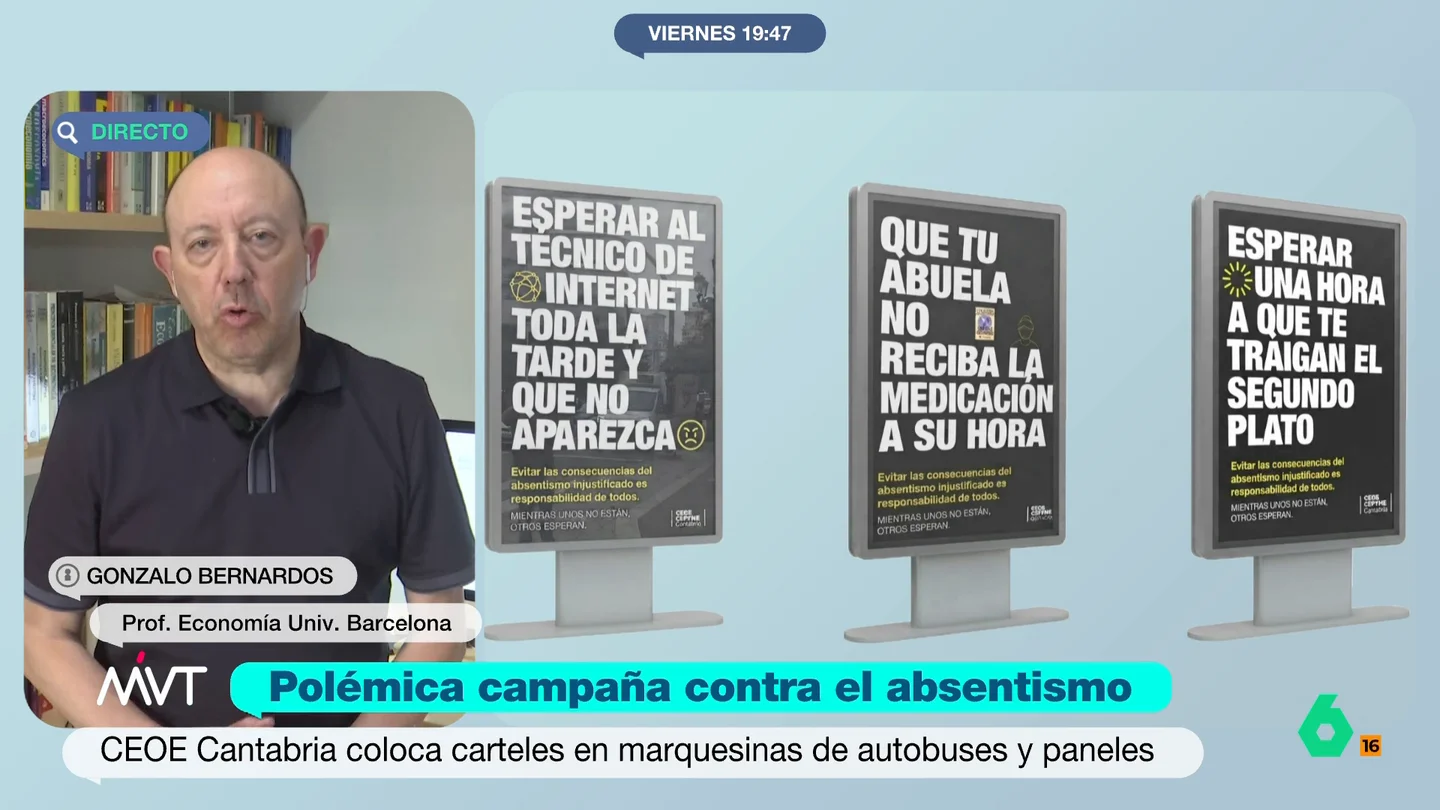 Gonzalo Bernardos, sobre el absentismo laboral: "No es un problema de empleados ni de empresarios, es un problema de país" Gonzalo Bernardos responde a la polémica campaña de la patronal cántabra y propone soluciones contra el absentismo: "Poner más dinero en la medicina, tratar mejor al trabajador y concienciarlo de que debe ser responsable, como también lo debe ser el empresario".