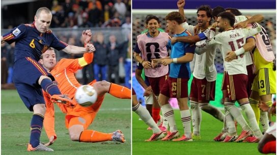 A la izquierda, el gol de Iniesta ante Pa&iacute;ses Bajos; a la derecha, Espa&ntilde;a celebrando una victoria