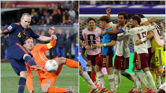 A la izquierda, el gol de Iniesta ante Países Bajos; a la derecha, España celebrando una victoria A la izquierda, el gol de Iniesta ante Países Bajos; a la derecha, España celebrando una victoria