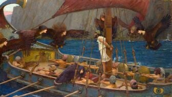 La escena de las sirenas y Ulises en la Odisea por John William Waterhouse.