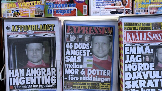 La imagen de Anders Breivik, el asesino de Ut&oslash;ya, en la prensa escandinava en 2011