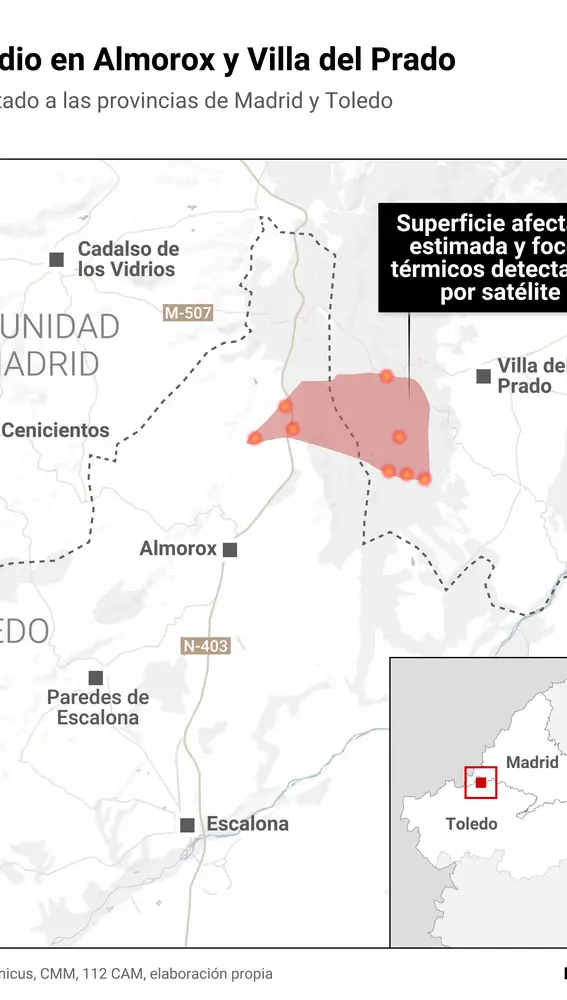 Mapa con extensión del incendio entre Almorox y Villa del Prado Mapa con extensión del incendio entre Almorox y Villa del Prado
