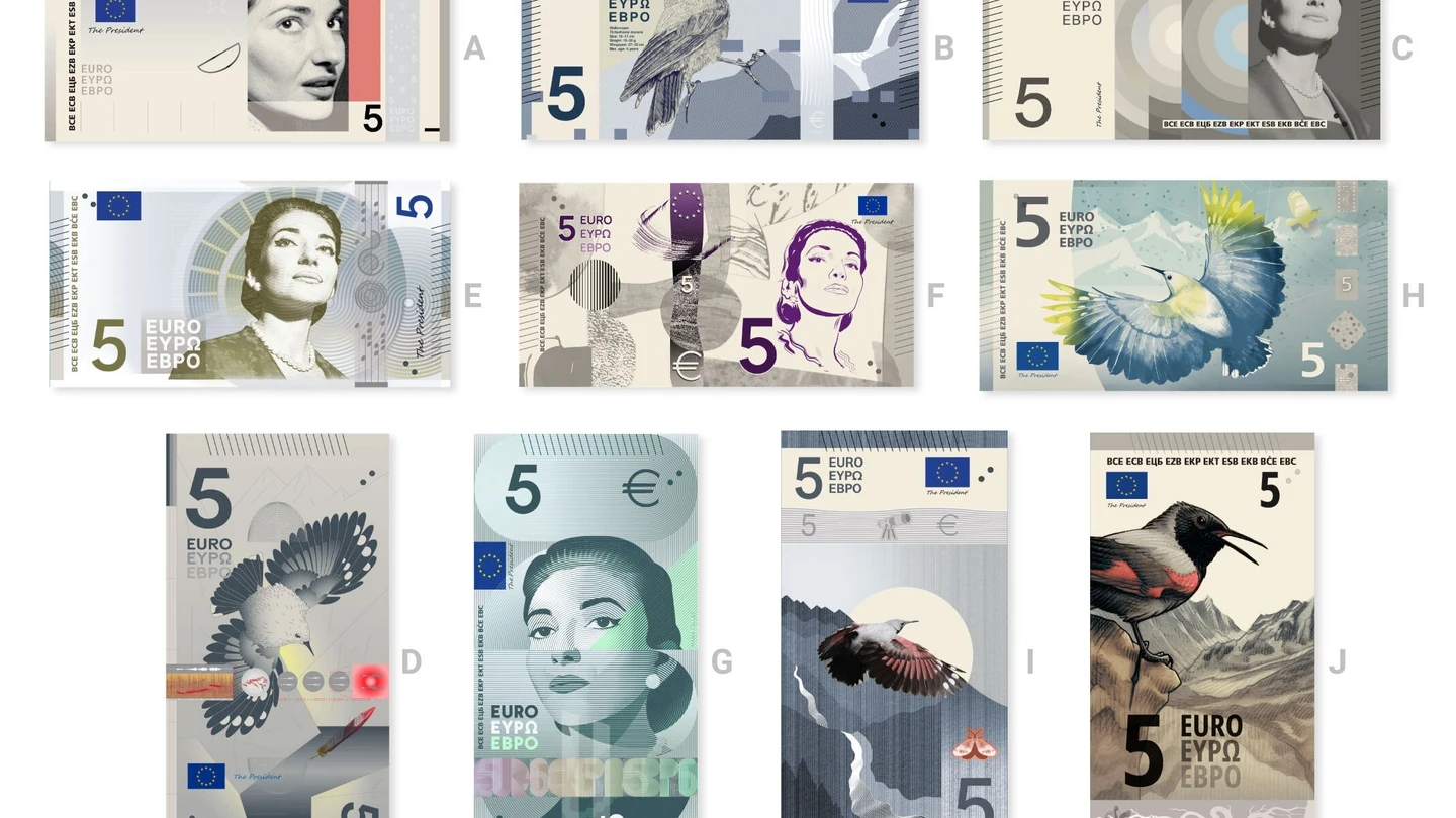 Las diez propuestas preseleccionadas de los nuevos diseños de los billetes de euros mostrados en los billetes de cinco euros. Las diez propuestas preseleccionadas de los nuevos diseños de los billetes de euros mostrados en los billetes de cinco euros.