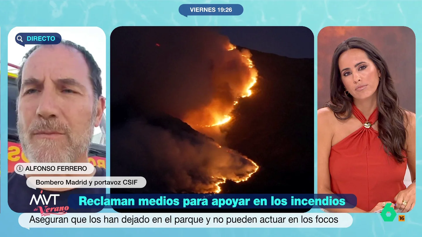Alfonso Ferrero, bombero forestal de Madrid, denuncia que han pedido activación y siguen parados "Es frustrante que estés activo en tu puesto de trabajo en tu horario laboral y no te activen", afirma Alfonso Ferrero, bombero forestal público de la Comunidad de Madrid, que explica que, a pesar de los incendios, no han recibido orden de actuación.