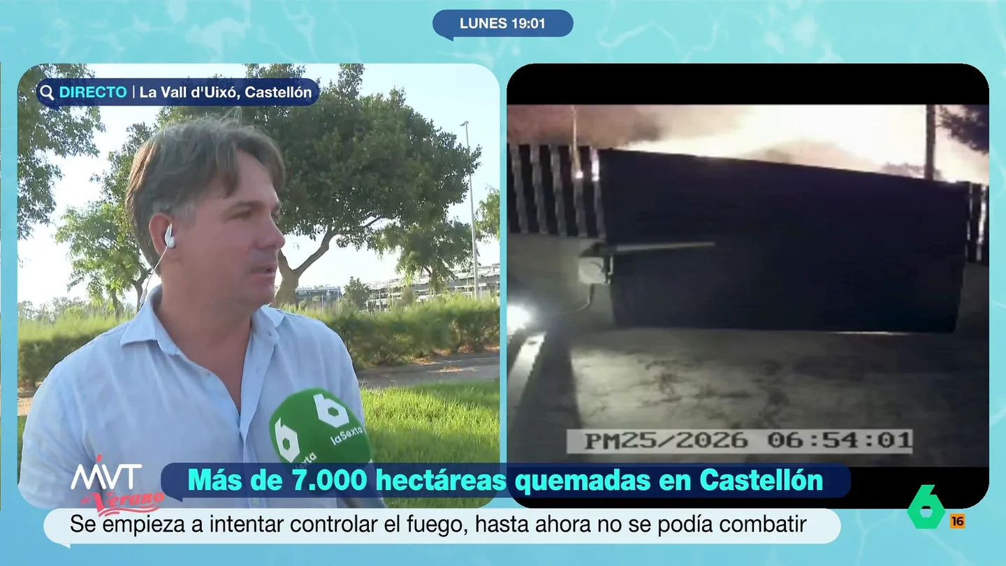 Iván, vecino afectado por el incendio de La Vall de Uixó: "El fuego estaba alrededor de las ventanas. No podíamos hacer nada" Su casa fue rodeada por el fuego. En ese momento, Iván no se encontraba en su domicilio, pero pudo seguir el avance del incendio a través de las imágenes de las cámaras de seguridad de su domicilio.
