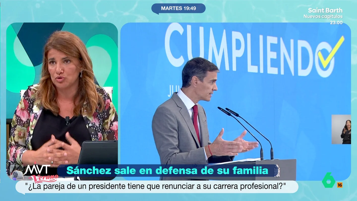 María Claver, tras la defensa que Sánchez ha hecho de su mujer y su hermano: "Creo que vive en una realidad paralela" El presidente del Gobierno ha defendido la inocencia de Begoña Gómez y David Sánchez. Además, ha repasado el currículum de su mujer y su hermano, exponiendo que ambos han dedicado su vida a trabajar.