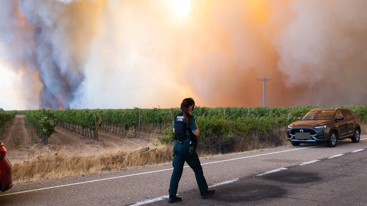 Llamas y humo procedentes de un incendio forestal en Fermoselle, Zamora. Llamas y humo procedentes de un incendio forestal en Fermoselle, Zamora.