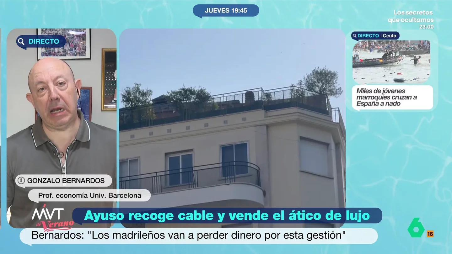 Gonzalo Bernardos, tajante con la polémica inmobiliaria de la Comunidad de Madrid: "Ayuso, qué gran metedura de pata" El economista ve muy posible que con la venta del ático de lujo en el barrio de Chamberí puedan perder dinero debido a que el mercado inmobiliario en el centro de Madrid "está francamente mal".