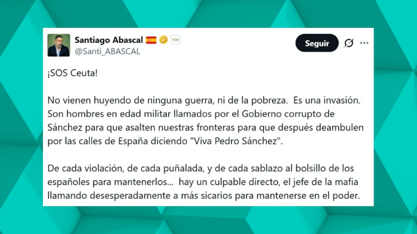 Tuit de Santiago Abascal sobre Ceuta. Tuit de Santiago Abascal sobre Ceuta.